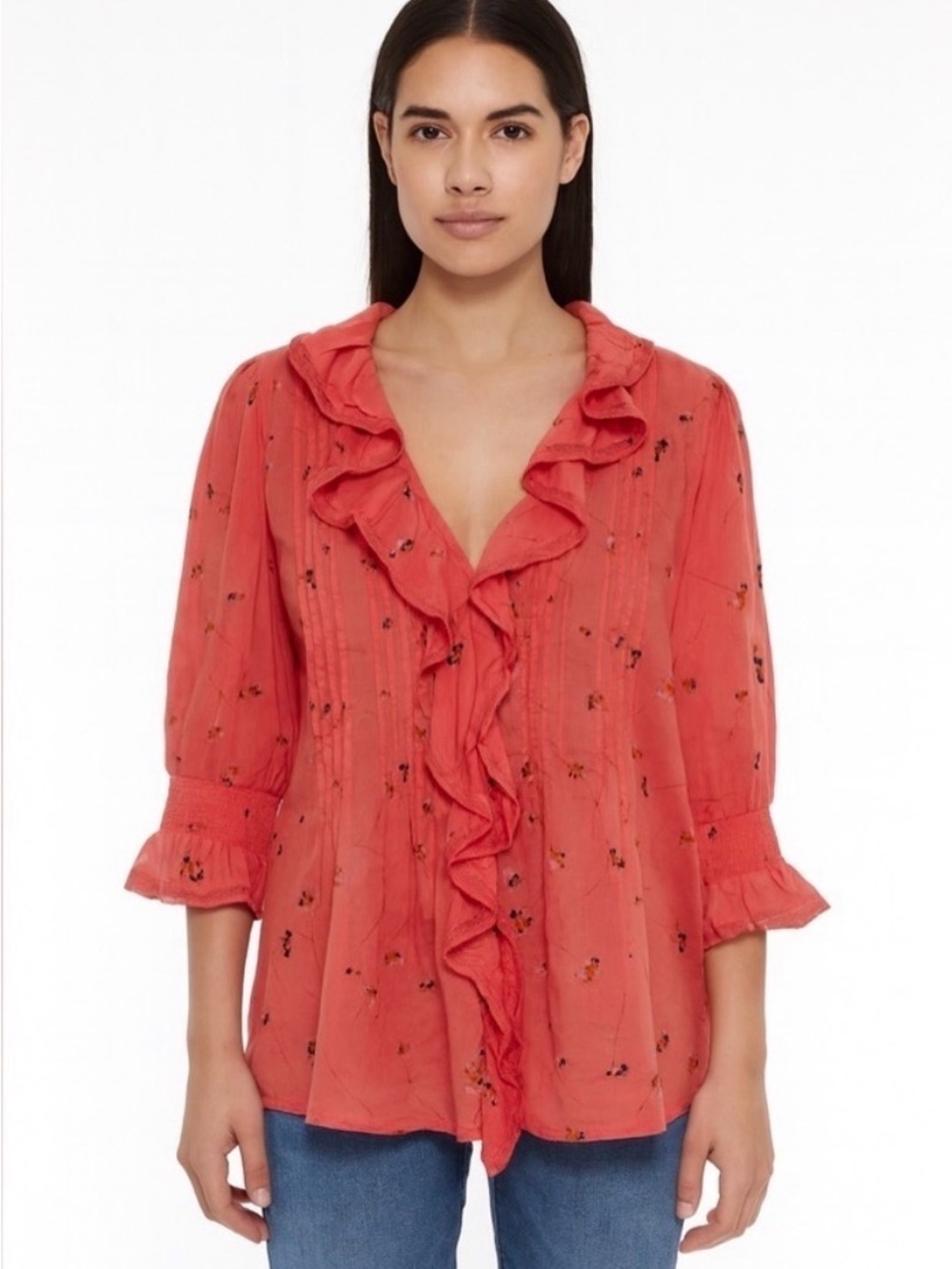 EUC Women's Coral Ruffle V-Neck Blouse